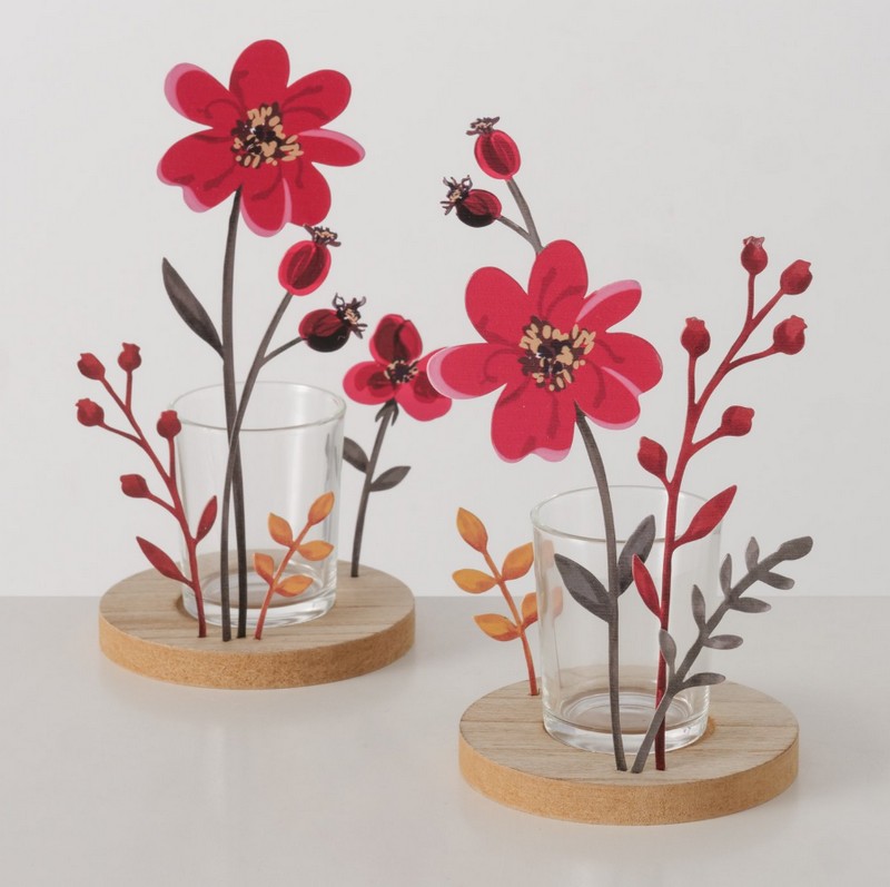 Portacandele in vetro con rosa canina in metallo su base di legno in 2 varianti assortite, perfetto come decoro autunnale